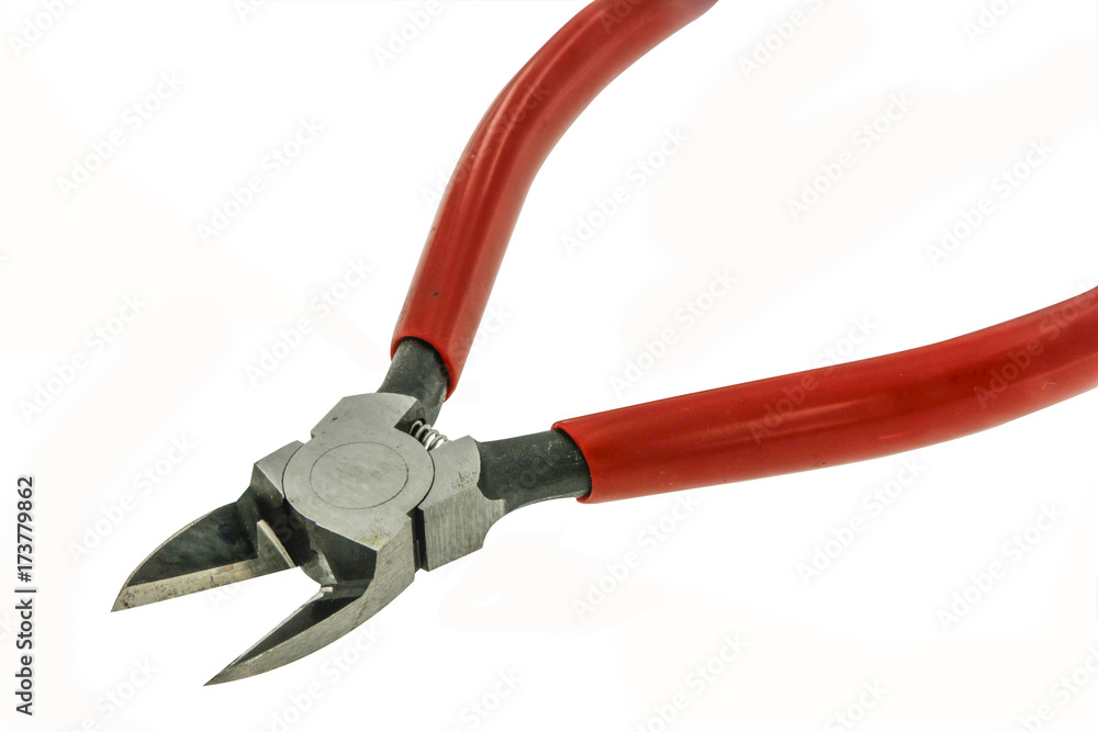 Close up red handle cutting pliers isolate Close up red handle cutting pliers isolate