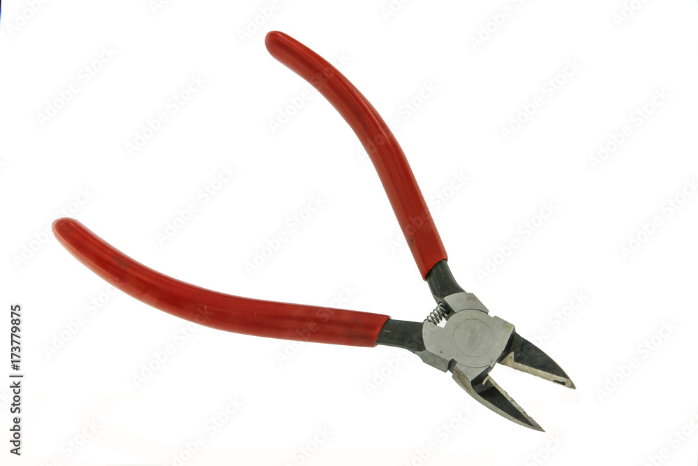 Close up red handle cutting pliers Close up red handle cutting pliers