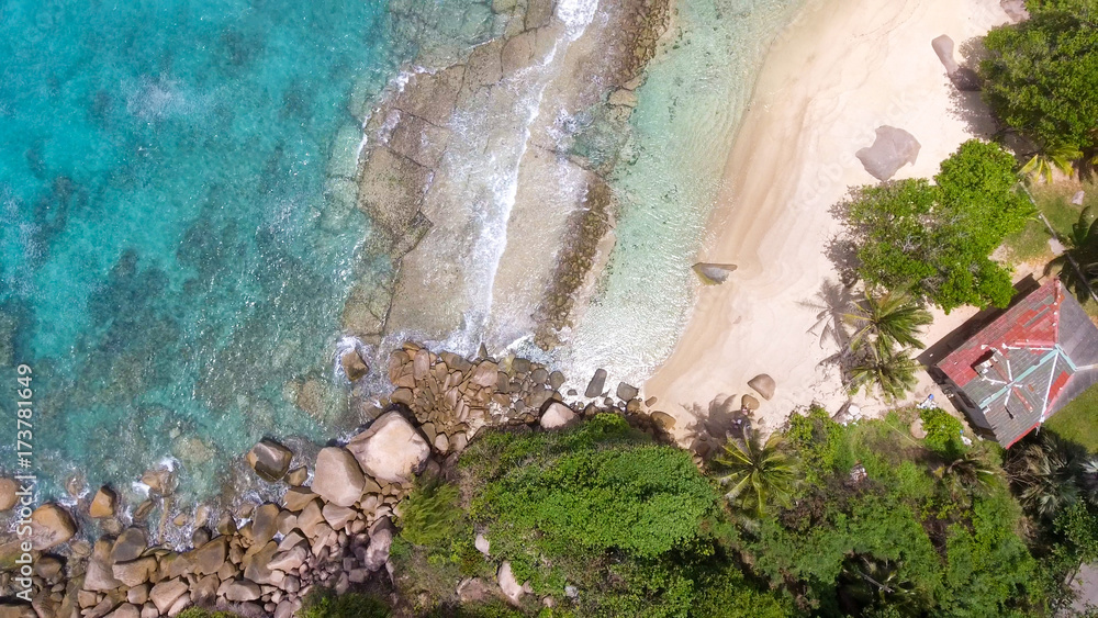 Panoramic aerial view of Praslin mountains and ocean