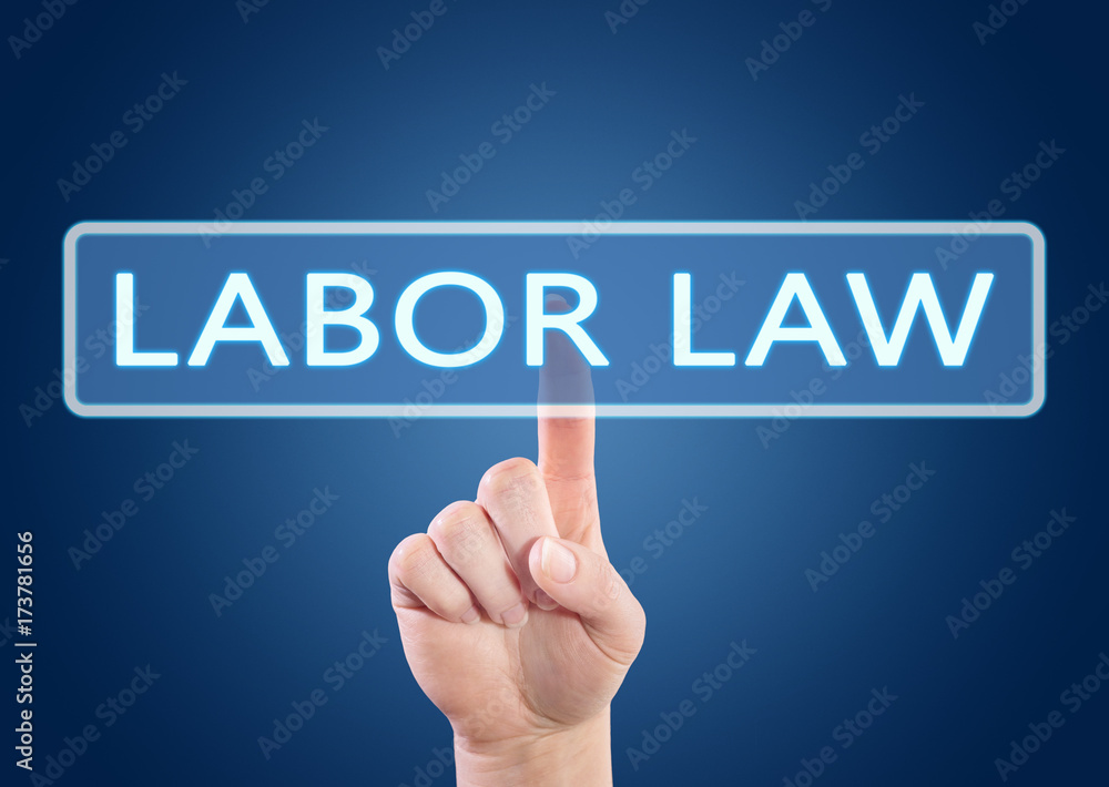 Labor Law - hand pressing button on interface with blue background. Labor Law - hand pressing button on interface with blue background.