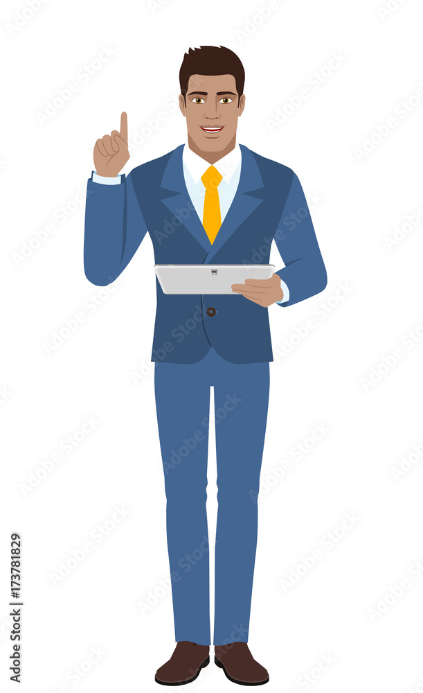 Businessman holding digital tablet PC and pointing up Businessman holding digital tablet PC and pointing up