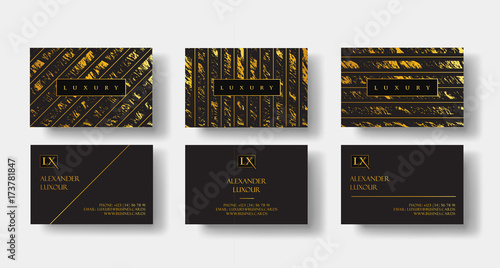 Elegant black luxury business cards Set with marble texture and gold detail vector template, banner or invitation with golden foil details. Branding and identity graphic design