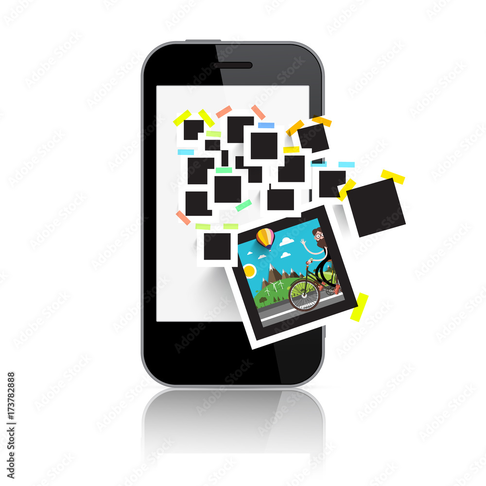 Retro Film Photo Frames on Smart Phone Display. Abstract Vector Technology Device Isolated on White Background. Retro Film Photo Frames on Smart Phone Display. Abstract Vector Technology Device Isolated on White Background.