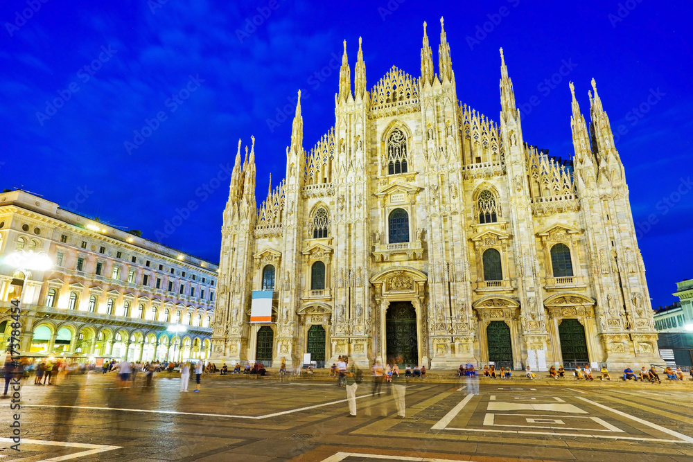 View of the Milan Cathedral and Cathedral Square at night in Milan.