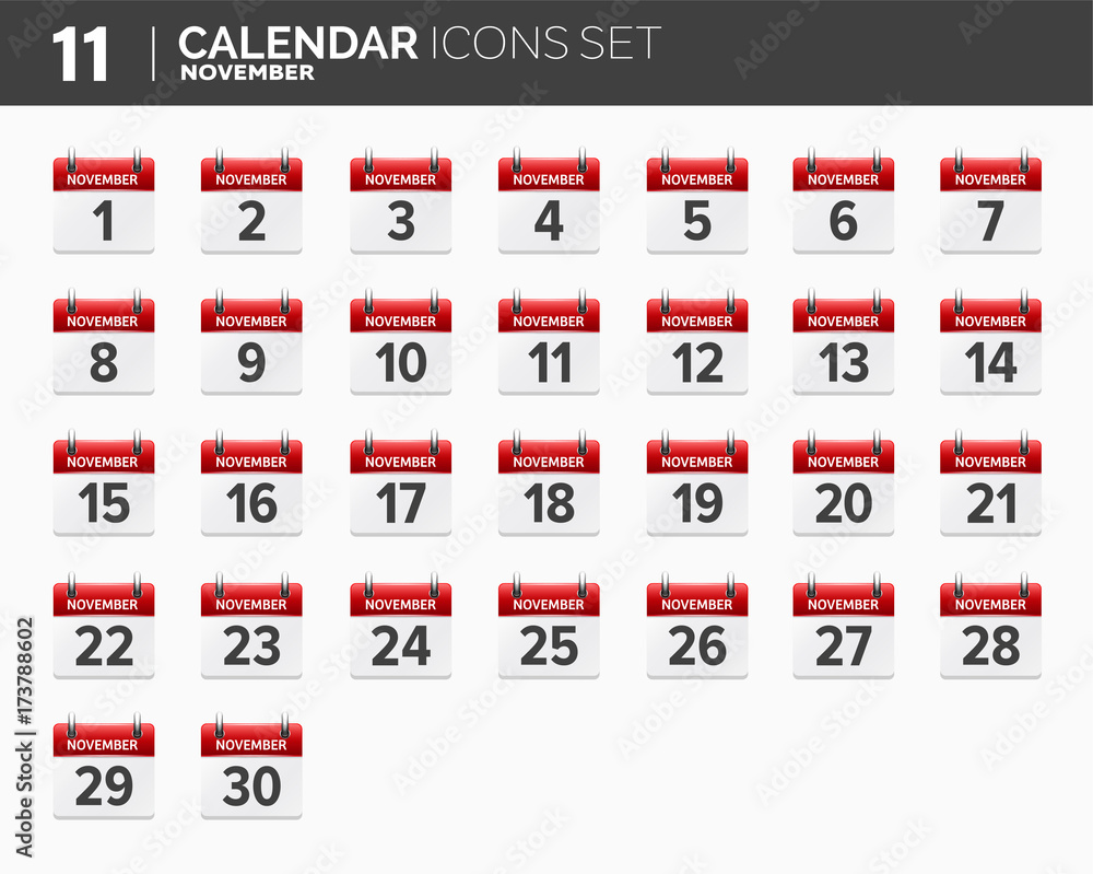 November. Calendar icons set. Date and time. 2018 year.