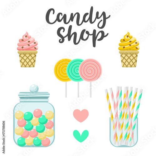 Candy shop sweets constructor. Colorful vector illustration, cute style, isolated on white background