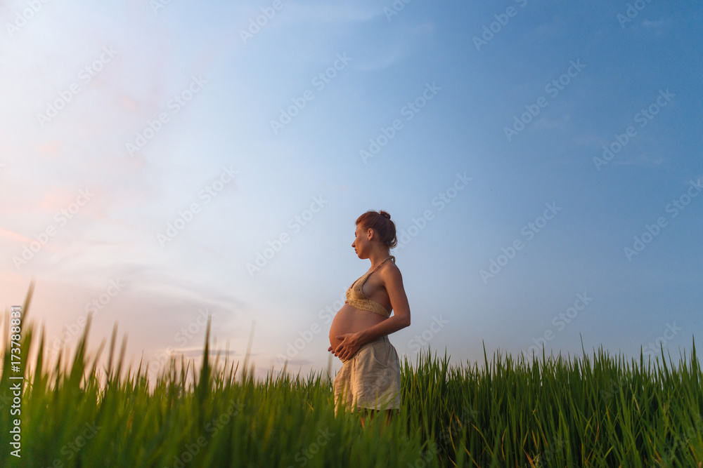 Pregnant Woman Walking at Sunset In A Green Field