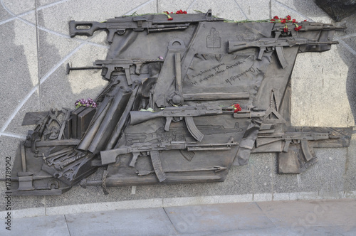 Fragment of the monument to Lt. Gen. Mikhail T. Kalashnikov, designer of the AK-47, the Soviet rifle that has become the world’s most widespread assault weapon. Moscow, Russia