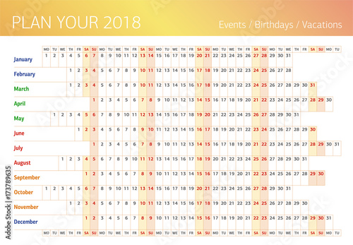 2018 all year wall planner. Template for filling.