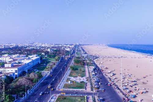 Birds eye view from light house and the shadow of light house, Marina Beach, Chennai. Its longest natural urban beach in India and one of the world's longest beach ranking.