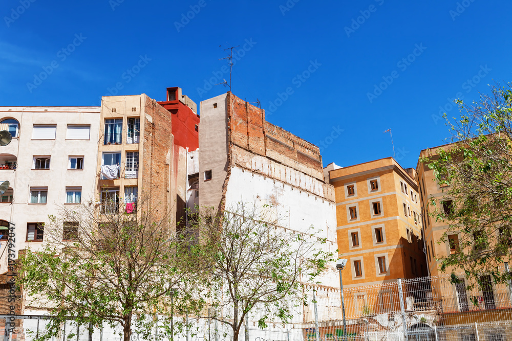 Barcelona, Spain - April 19, 2016: Medieval and modern buildings in the Gothic Born distric