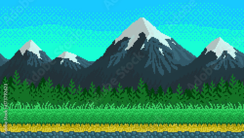 Pixel art seamless background with mountains.