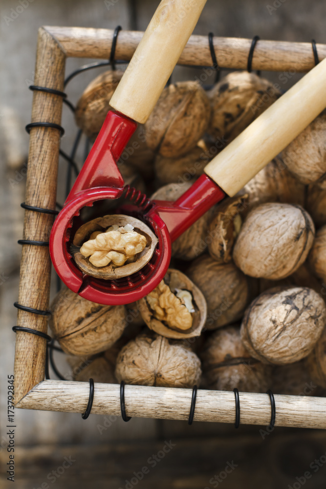 Walnuts with nutcracker in the basket Walnuts with nutcracker in the basket
