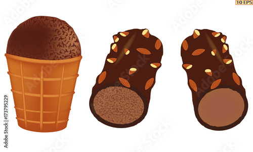 Classic Ice cream. Vector ice cream. Sundae. Chocolate ice cream. Sundae drizzled with chocolate. Dessert. The ice cream in chocolate with nuts. Sundae caramel. Vector illustration.