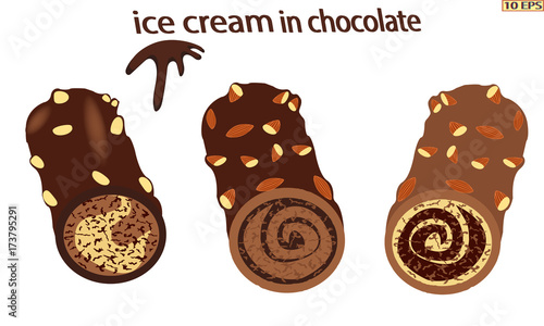 Classic Ice cream. Vector ice cream. Sundae. Chocolate ice cream. Sundae drizzled with chocolate. Dessert. The ice cream in chocolate with nuts. Sundae caramel. Vector illustration.