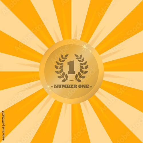Number one. Winner golden medal. Shiny winner medal on background of rays of light. Vector illustration
