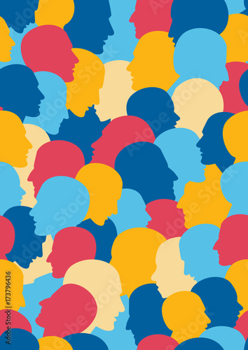 Seamless pattern of a crowd of many different people profile heads. Vector background.