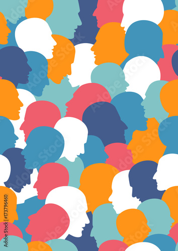 Seamless pattern of a crowd of many different people profile heads. Vector background.