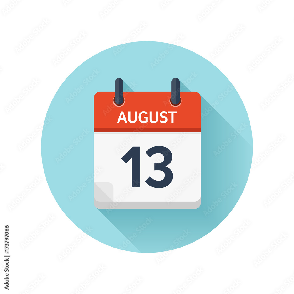 August 13. Vector flat daily calendar icon. Date and time, day, month 2018. Holiday. Season. August 13. Vector flat daily calendar icon. Date and time, day, month 2018. Holiday. Season.