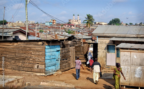 Development of residential infrastructure of Ghana slowed due poverty & poor housing conditions, where lifestyle of people from dense located slum houses is not at a good level. Accra, Ghana