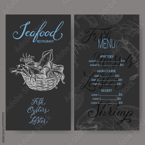 Restaurant menu template with sketch of seafood basket, grilled fish and calligraphy on black
