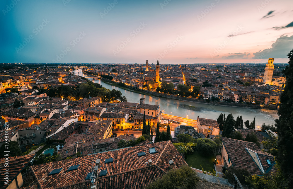 Verona. Beautiful sunset aerial view of Verona, Italy during summer sunset