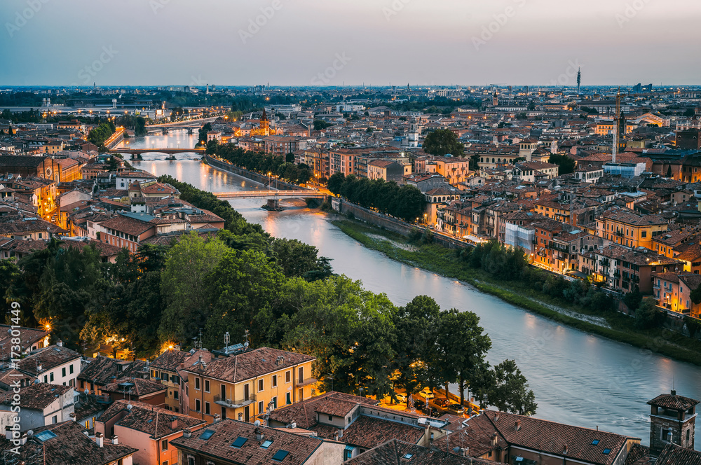 Verona. Beautiful sunset aerial view of Verona, Italy during summer sunset