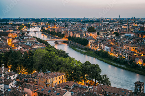 Verona. Beautiful sunset aerial view of Verona, Italy during summer sunset