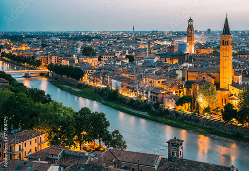 Verona. Beautiful sunset aerial view of Verona, Italy during summer sunset