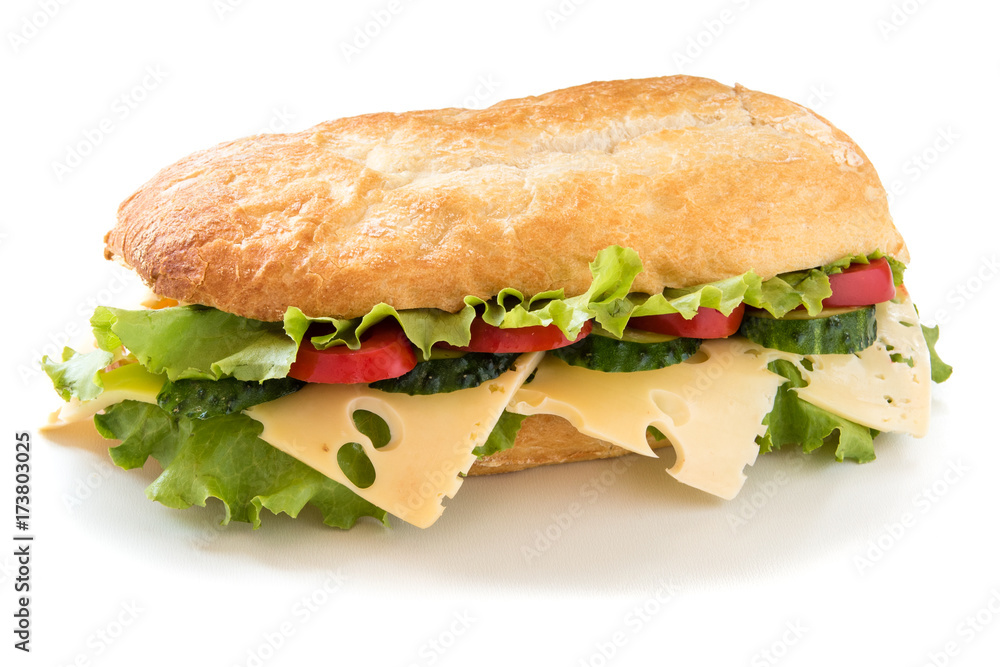 Ciabatta sandwich with salad, tomato, cucumber and cheese isolated on white Ciabatta sandwich with salad, tomato, cucumber and cheese isolated on white