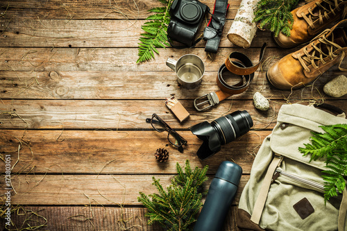 Camping or adventure trip scenery concept (flat lay)