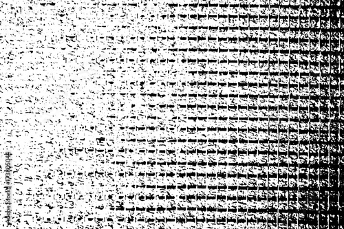 Distressed halftone grunge black and white vector texture -old wall background with reinforcing mesh for creation abstract vintage effect with noise and grain