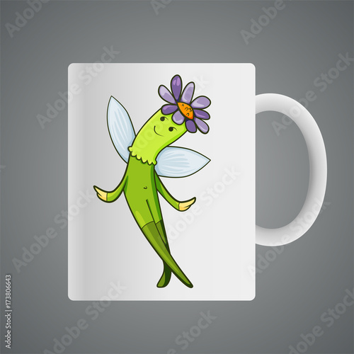 Cup design with Cartoon of fantasy alive flower with wings