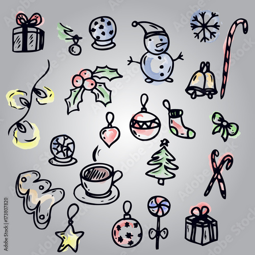 set of Christmas design element in doodle style