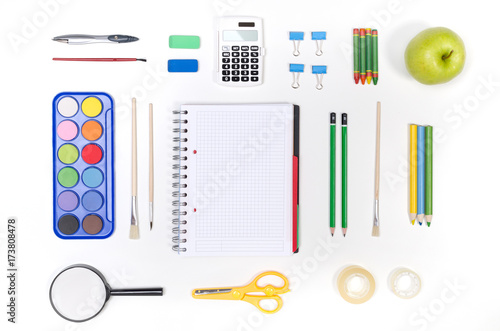 School supplies on white background