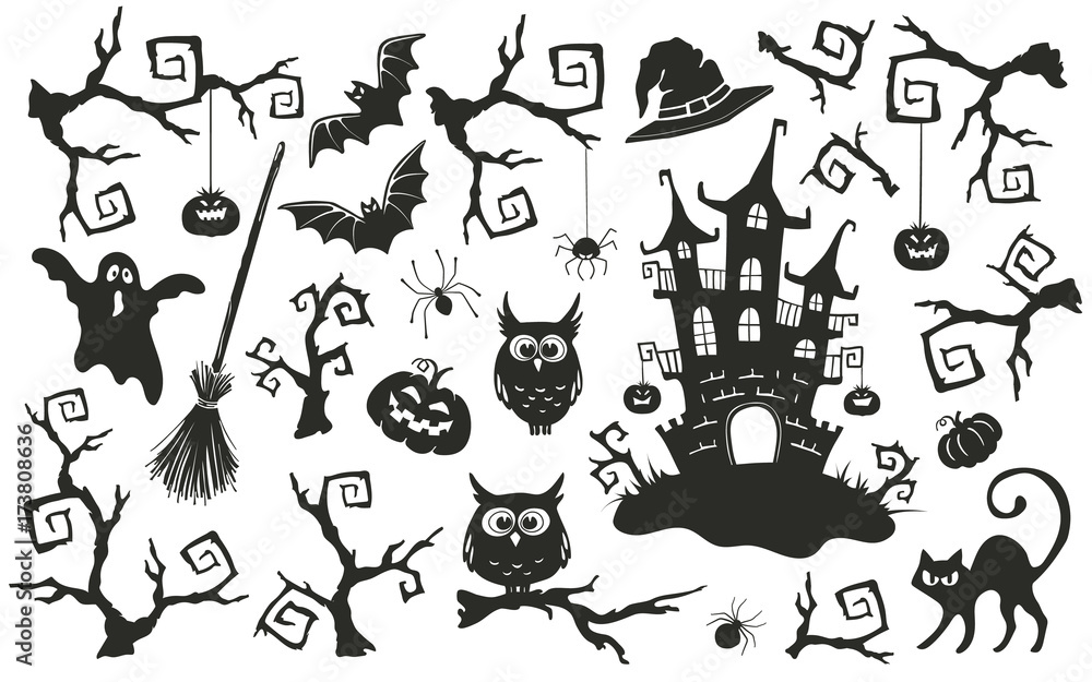 Halloween objects set isolated on white background. Collection of elements for Halloween party invitation design.