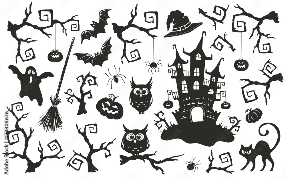 Obraz premium Halloween objects set isolated on white background. Collection of elements for Halloween party invitation design.