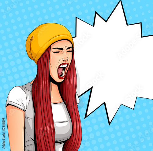 Pop Art Vintage poster comic girl with speech bubble. Pretty girl announcing, shouting or yelling