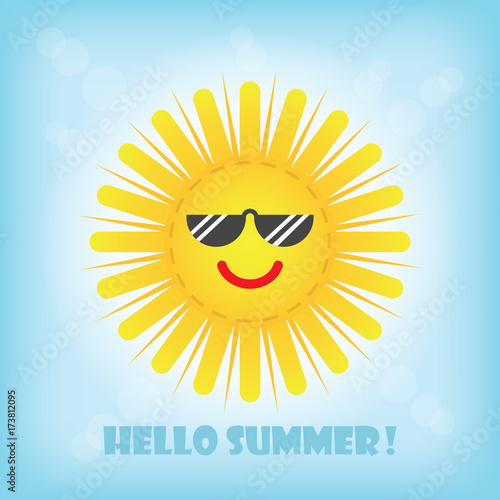 Hello Summer smiling yellow sun emoji icon with sunglasses in the blue sky