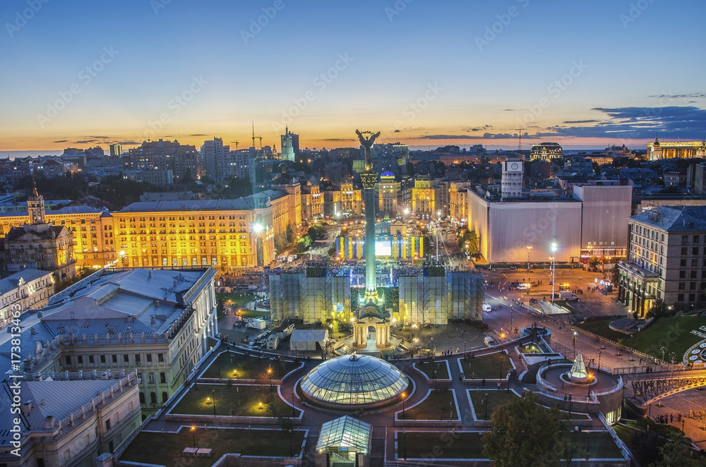 View of Independence Square (Maidan Nezalezhnosti) in Kiev, Ukraine