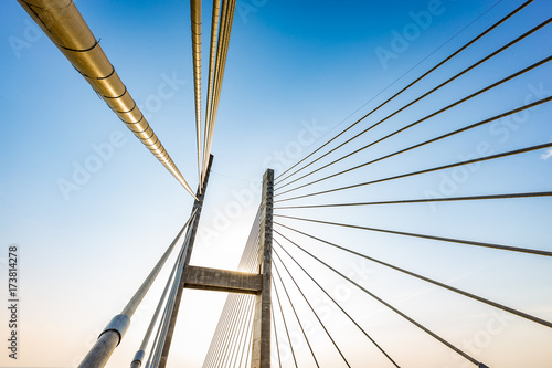 Cable-stayed bridge over Parana river, Brazil. Border of Sao Paulo and Mato Grosso do Sul states