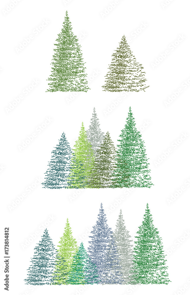 Set of colorful hand drawing Christmas tree vector illustration