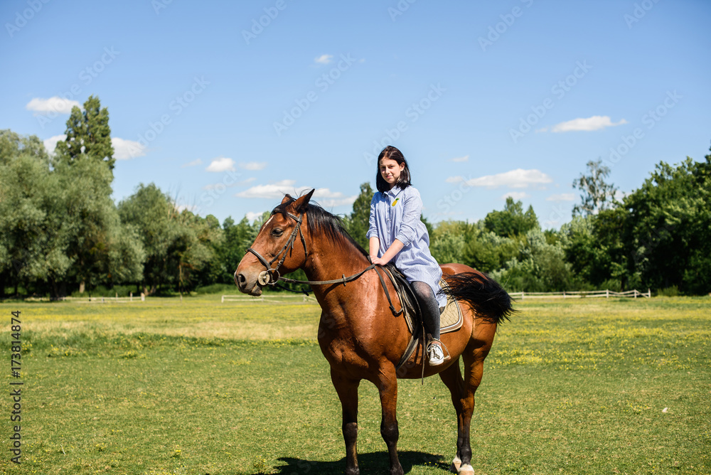 The beautiful girl goes on the horse The beautiful girl goes on the horse
