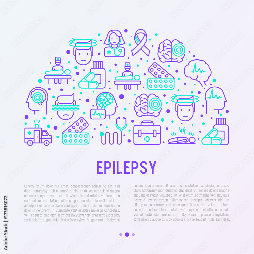 Epilepsy concept in half circle with thin line icons of symptoms and treatments: convulsion, disorder, dizziness, brain scan. World epilepsy day. Vector illustration for banner, web page, print media.