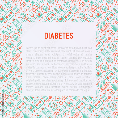 Diabetes concept with thin line icons of symptoms and prevention care. Vector illustration for background of medical survey or report, for banner, web page, print media with place for text.