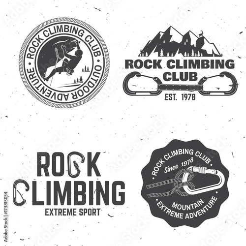 Vintage typography design with climber, carabiner and mountains
