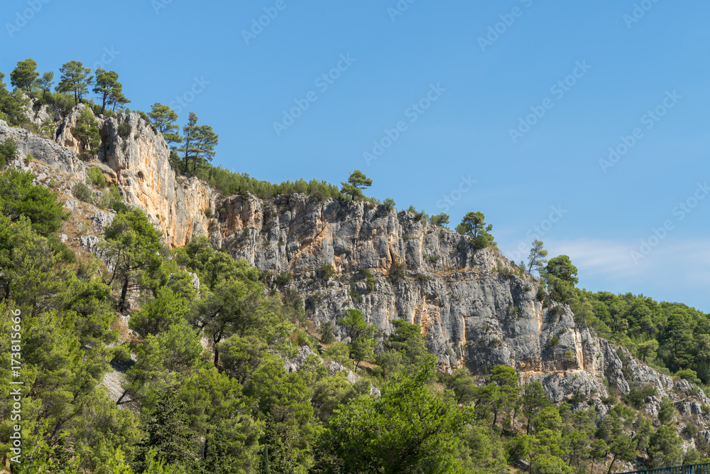Ansicht aus dem Nationalpark Krka mit Bäumen und Sträuchern an steiler Felswand