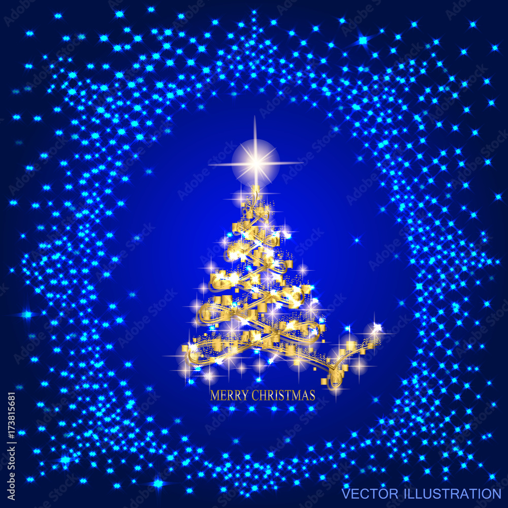 Abstract background with green christmas tree and stars. Illustration in blue and gold colors. Vector illustration. Abstract background with green christmas tree and stars. Illustration in blue and gold colors. Vector illustration.