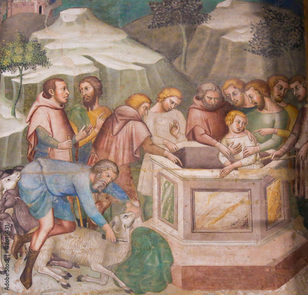 Fresco in San Gimignano - Jesus thrown in the well