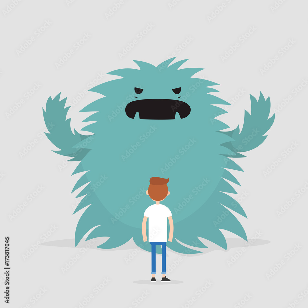 Dealing with the stress conceptual illustration. Huge monster trying to attack a character / Flat editable vector illustration, clip art Dealing with the stress conceptual illustration. Huge monster trying to attack a character / Flat editable vector illustration, clip art